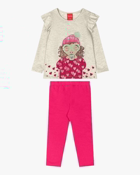 Conjunto Infantil Menina com Blusa Manga Longa e Babado - Kely Kety - Mescla