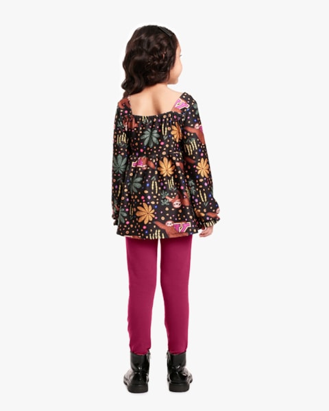 Conjunto Infantil Menina com Blusa Manga Longa Estampada - Kely Kety - Preto