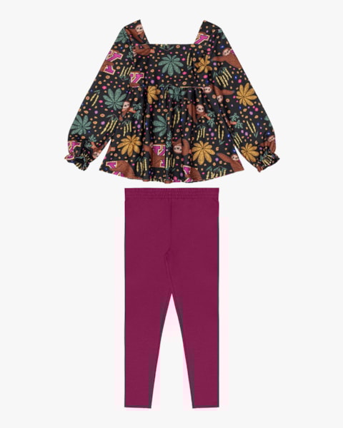 Conjunto Infantil Menina com Blusa Manga Longa Estampada - Kely Kety - Preto