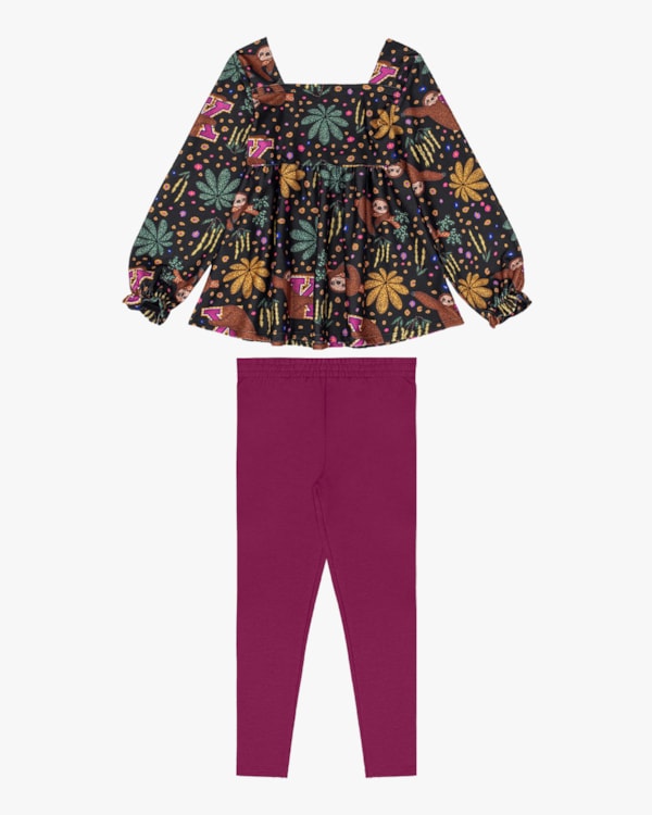 Conjunto Infantil Menina com Blusa Manga Longa Estampada - Kely Kety - Preto
