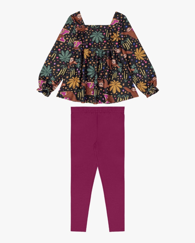 Conjunto Infantil Menina com Blusa Manga Longa Estampada - Kely Kety - Preto-92d16b41-915b-41b8-85dd-863c0d3ba066