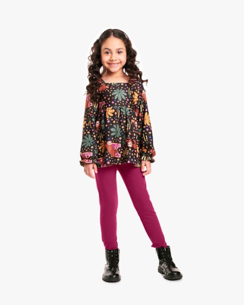 Conjunto Infantil Menina com Blusa Manga Longa Estampada - Kely Kety - Preto