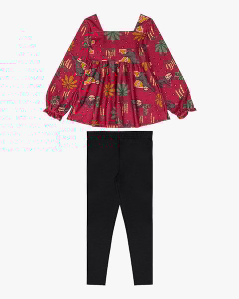 Conjunto Infantil Menina com Blusa Manga Longa Estampada - Kely Kety - Wine