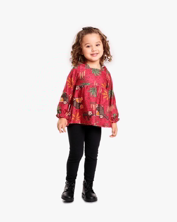Conjunto Infantil Menina com Blusa Manga Longa Estampada - Kely Kety - Wine