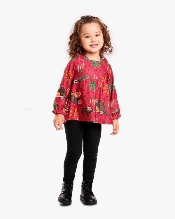 Conjunto Infantil Menina com Blusa Manga Longa Estampada - Kely Kety - Wine