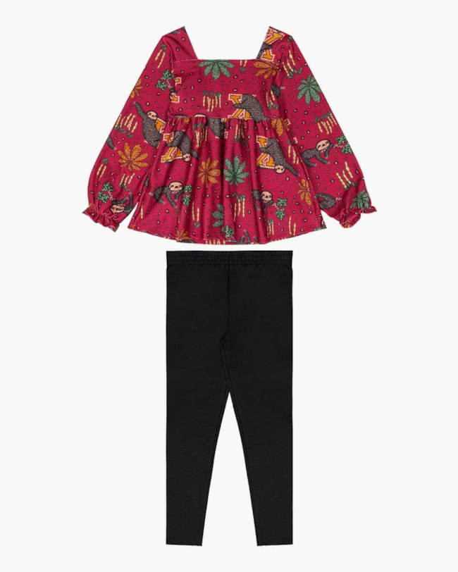 Conjunto Infantil Menina com Blusa Manga Longa Estampada - Kely Kety - Wine-abb372da-20a4-4e34-a080-44f6282d2d7c