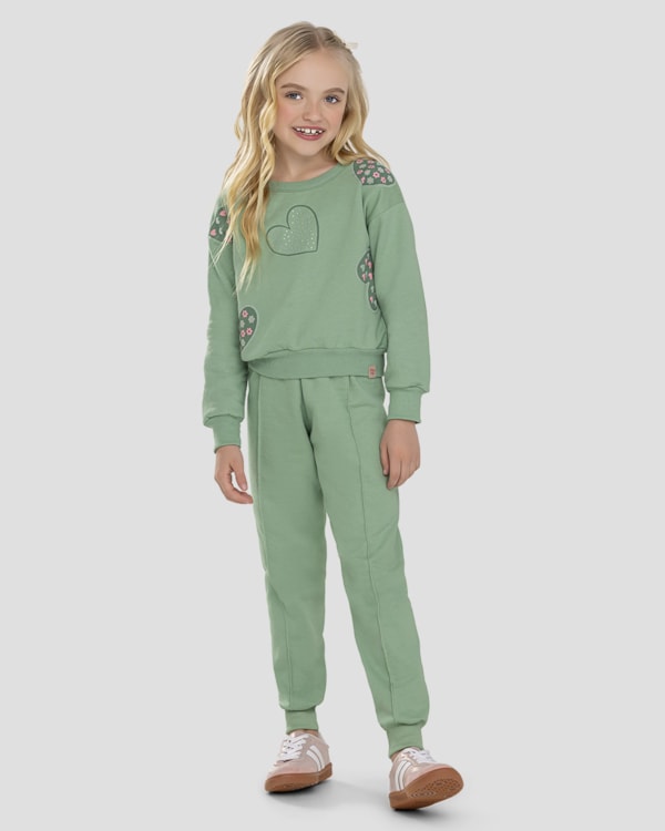 Conjunto Infantil Menina com Blusão e Calça em Moletom - Kely Kety - Verde