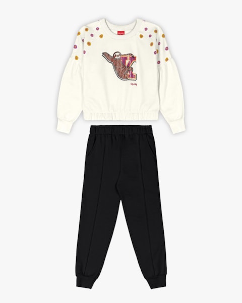 Conjunto Infantil Menina com Blusão Estampa Lantejoula - Kely Kety - Natural