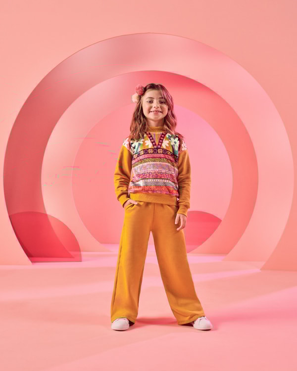 Conjunto Infantil Menina com Blusão Estampado Kely Kety - Bege