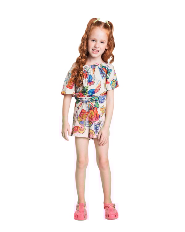 Conjunto Infantil Menina com Estampa Tropical - Kely Kety - Natural