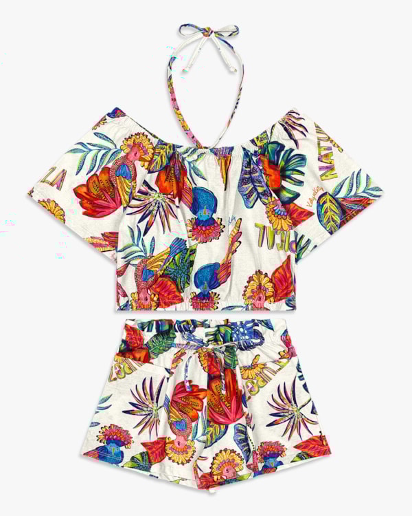 Conjunto Infantil Menina com Estampa Tropical - Kely Kety - Natural