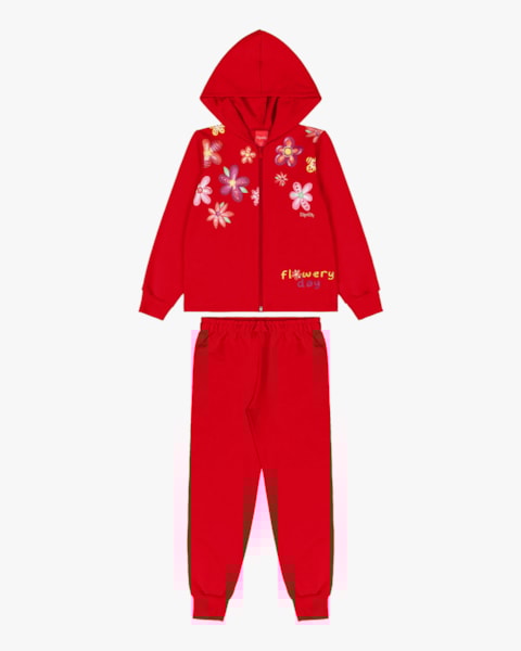 Conjunto Infantil Menina com Jaqueta Estampa Flores - Kely Kety - Vermelho