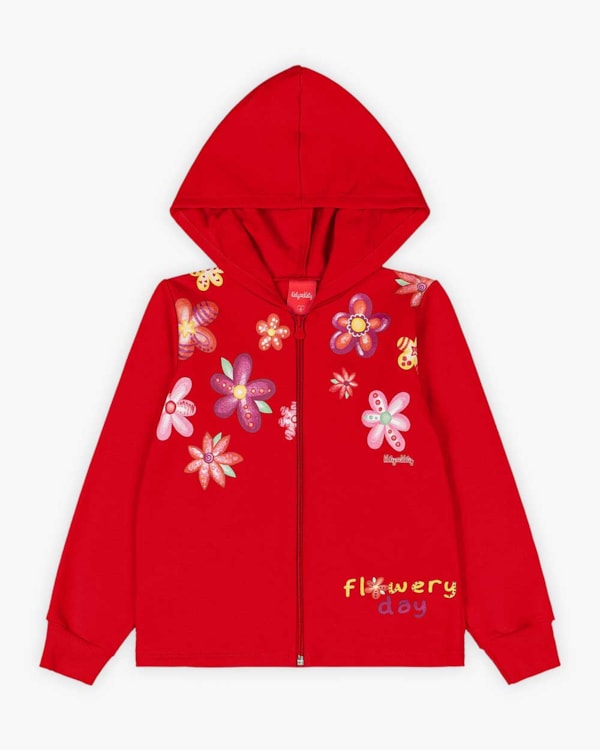 Conjunto Infantil Menina com Jaqueta Estampa Flores - Kely Kety - Vermelho