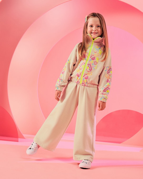 Conjunto Infantil Menina com Jaqueta Estampada Kely Kety - Bege