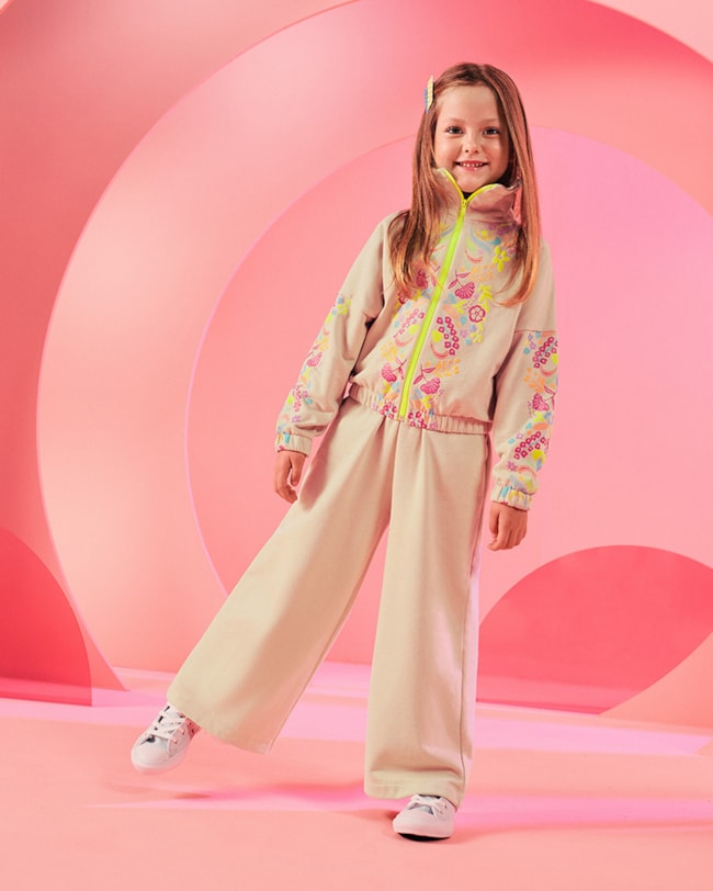 Conjunto Infantil Menina com Jaqueta Estampada Kely Kety - Bege-87749443-556e-4095-bd63-deb19bfffbf3