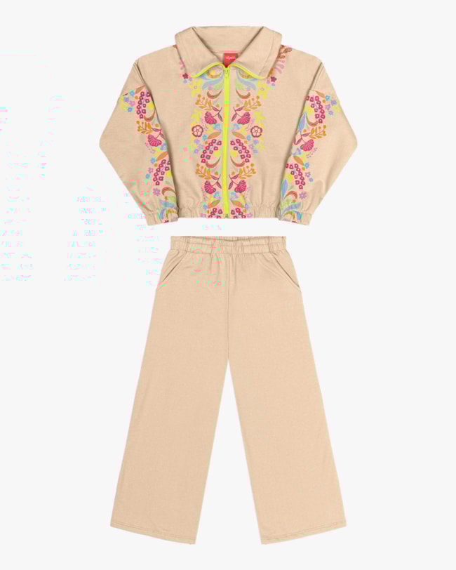 Conjunto Infantil Menina com Jaqueta Estampada Kely Kety - Bege-8ae48e85-a8c9-4602-b70c-e6605afbab0a