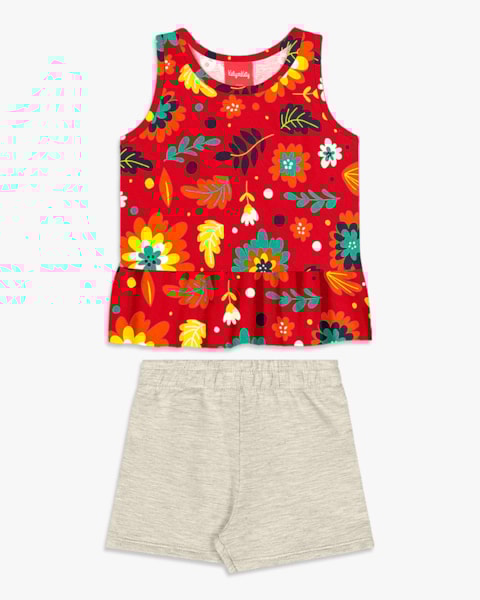 Conjunto Infantil Menina com Regata Estampada - Kely Kety - Tomato