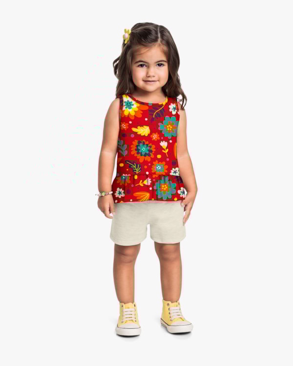 Conjunto Infantil Menina com Regata Estampada - Kely Kety - Tomato