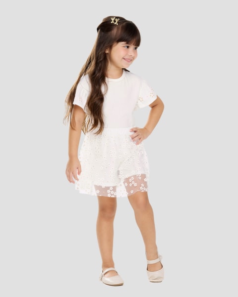 Conjunto Infantil Menina com Saia Tule e Blusa Kely Kety Branco