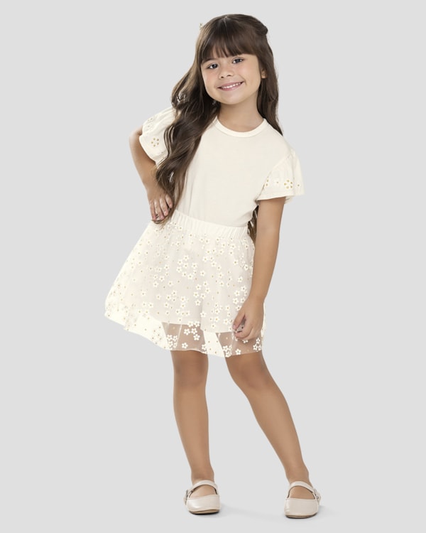 Conjunto Infantil Menina com Saia Tule e Blusa Kely Kety Branco