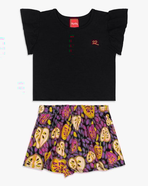 Conjunto Infantil Menina com Shorts Estampado - Kely Kety - Preto