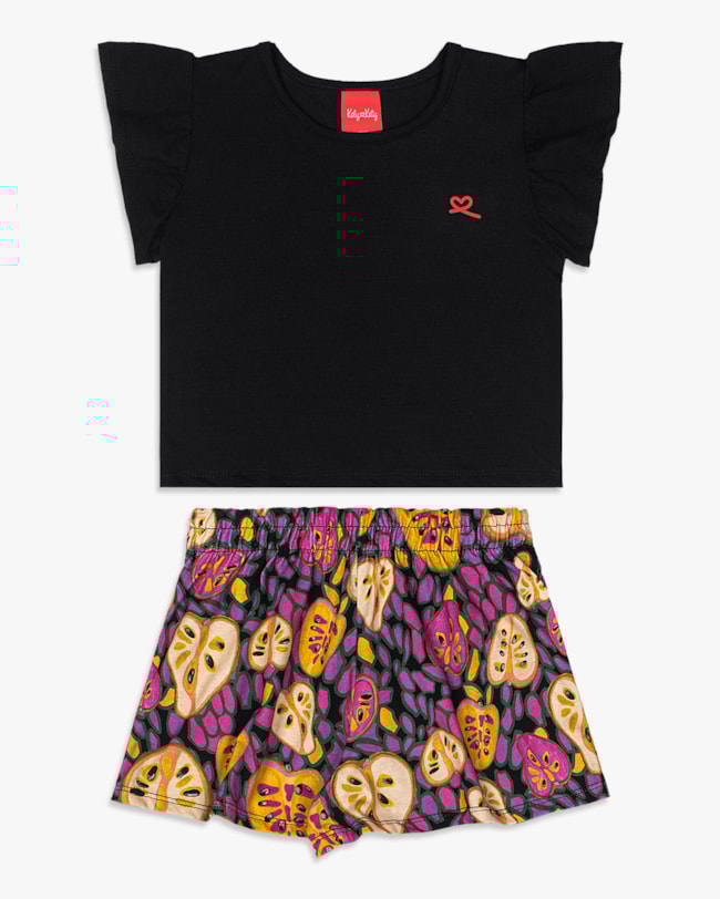 Conjunto Infantil Menina com Shorts Estampado - Kely Kety - Preto-4d27f042-c89e-45aa-9d59-90631e36d412