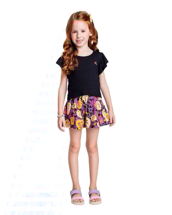 Conjunto Infantil Menina com Shorts Estampado - Kely Kety - Preto