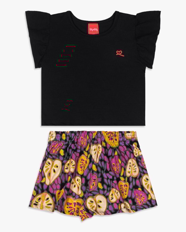 Conjunto Infantil Menina com Shorts Estampado - Kely Kety - Preto