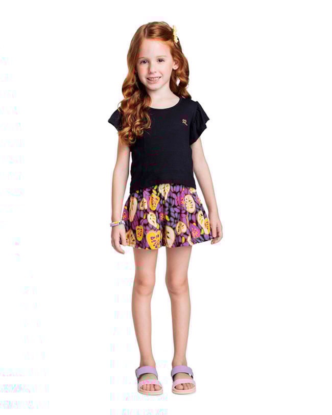 Conjunto Infantil Menina com Shorts Estampado - Kely Kety - Preto-10459305-035d-4516-b9f0-5d2a5e28ac8e