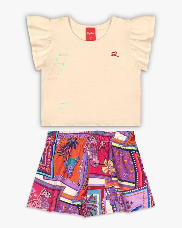 Conjunto Infantil Menina com Shorts Estampado - Kely Kety - Tapioca