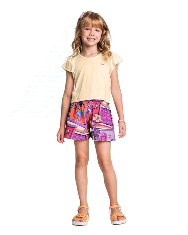 Conjunto Infantil Menina com Shorts Estampado - Kely Kety - Tapioca