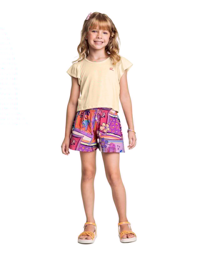 Conjunto Infantil Menina com Shorts Estampado - Kely Kety - Tapioca-ae02680c-9e05-4f92-90d7-99fbf4a75308
