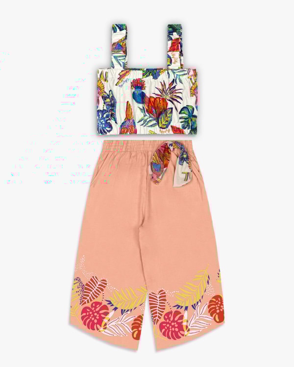 Conjunto Infantil Menina Cropped e Calça Pantacourt – Kely Kety - Natural