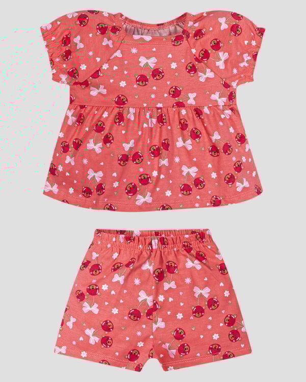 Conjunto Infantil Menina em Meia Malha Estampada Kely Kety Rosa