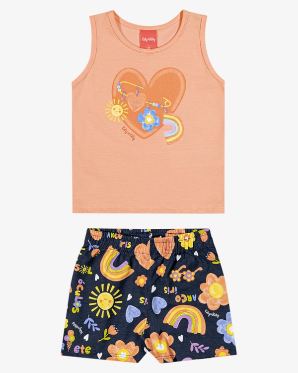 Conjunto Infantil Menina em Meia Malha Estampado - Kely Kety - Salmão