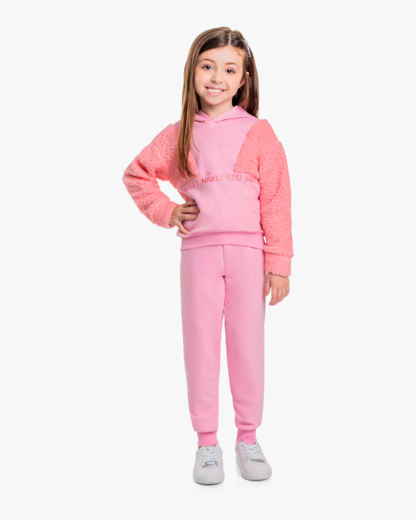 Conjunto Infantil Menina em Moletom e Pelo Teddy - Kely Kety - Rosa