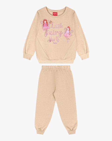 Conjunto Infantil Menina em Moletom Estampa Fada - Kely Kety - Bege
