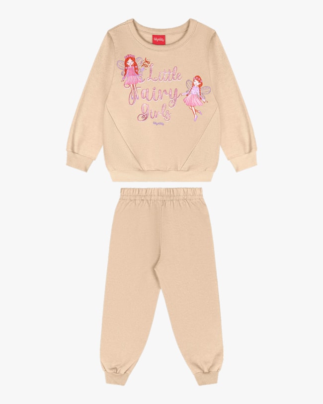 Conjunto Infantil Menina em Moletom Estampa Fada - Kely Kety - Bege-58840cce-bffc-496e-8c61-4109109082ff