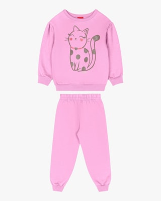 Conjunto Infantil Menina em Moletom Estampa Gatinho - Kely Kety - Rosa-01
