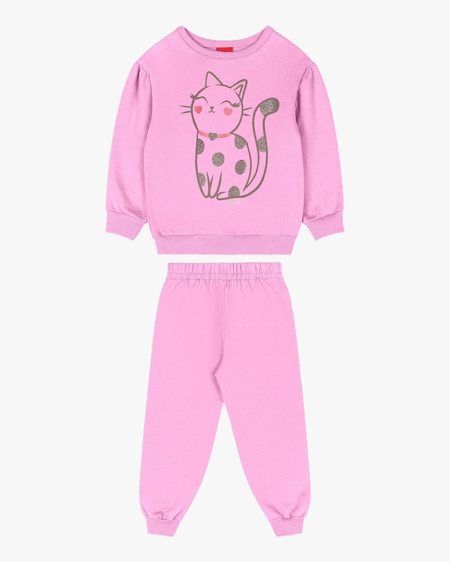 Conjunto Infantil Menina em Moletom Estampa Gatinho - Kely Kety - Rosa-dcd6eeac-ec3d-4795-9382-863b5c06c722