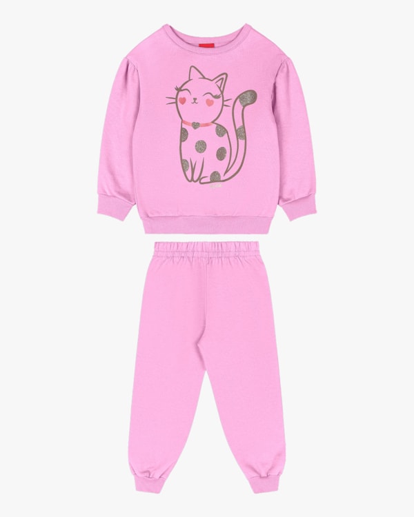 Conjunto Infantil Menina em Moletom Estampa Gatinho - Kely Kety - Rosa