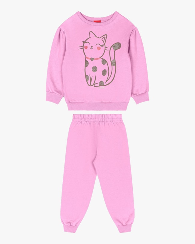 Conjunto Infantil Menina em Moletom Estampa Gatinho - Kely Kety - Rosa-56aaef43-efc8-47cc-94a4-e13d3fa4246d