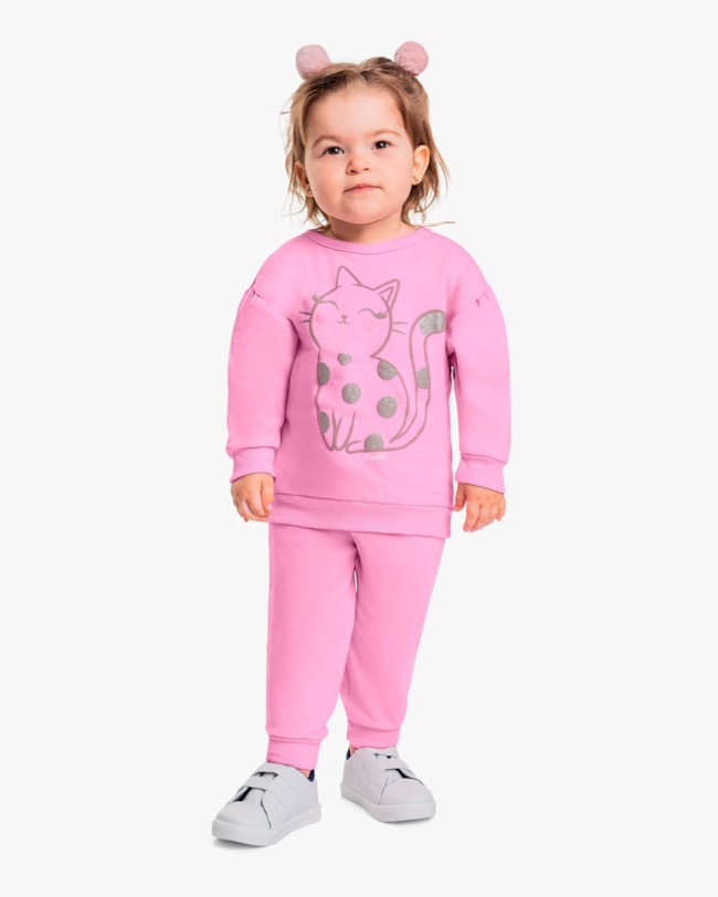 Conjunto Infantil Menina em Moletom Estampa Gatinho - Kely Kety - Rosa-475feedf-3158-4f28-8d11-6202e5165892