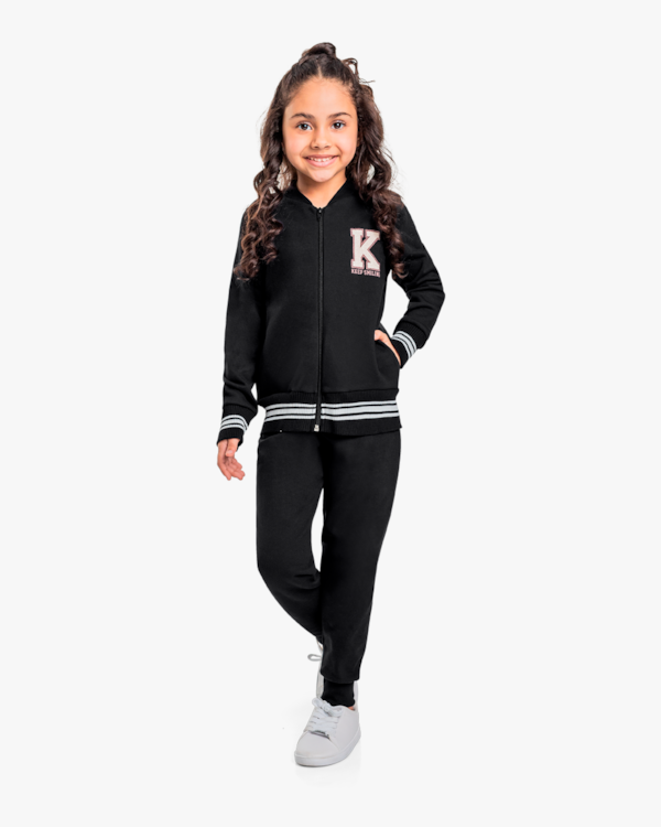 Conjunto Infantil Menina em Moletom Estilo Esportivo - Kely Kety - Preto
