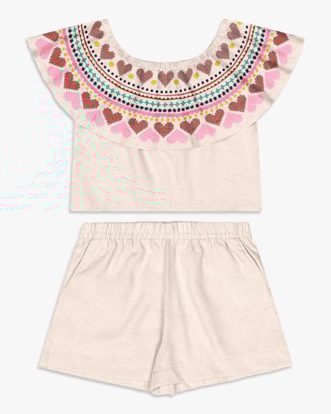 Conjunto Infantil Menina em Viscose Linho com Estampa - Kely Kety - Areia