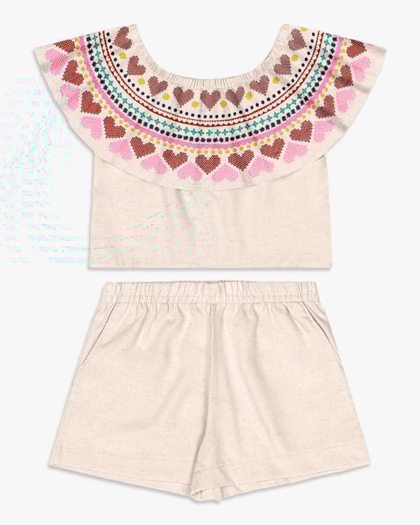 Conjunto Infantil Menina em Viscose Linho com Estampa - Kely Kety - Areia