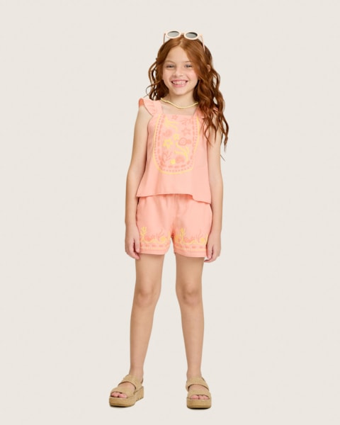 Conjunto Infantil Menina em Viscose Linho com Estampa - Kely Kety - Pêssego