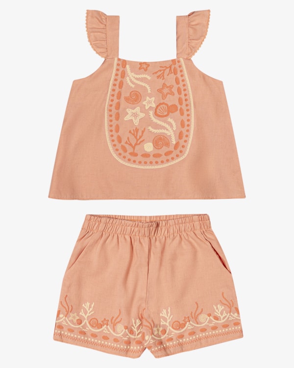 Conjunto Infantil Menina em Viscose Linho com Estampa - Kely Kety - Pêssego