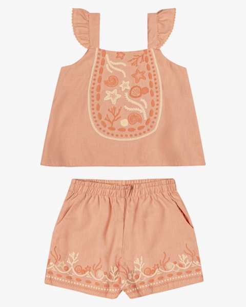 Conjunto Infantil Menina em Viscose Linho com Estampa - Kely Kety - Pêssego