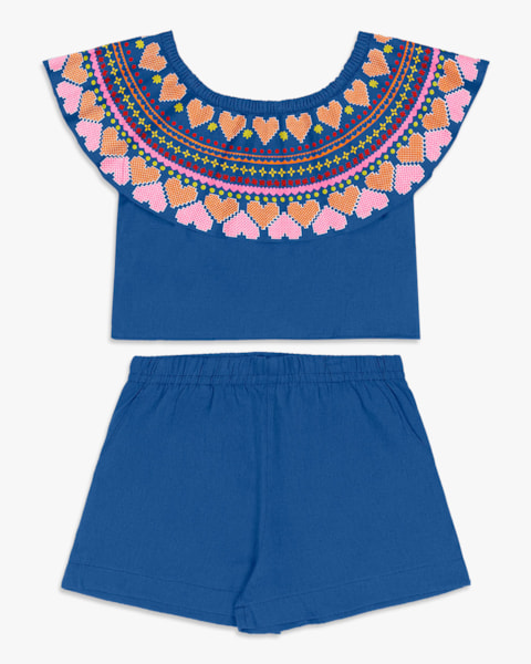 Conjunto Infantil Menina em Viscose Linho com Estampa - Kely Kety - Royal